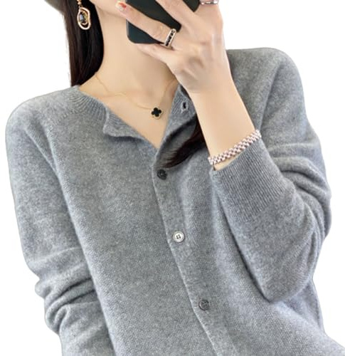 TeysHa Kashmir Cardigan för kvinnor, ull Crew Neck Button Down långärmad cardigan tröja, mjuka varma stickade elastiska tröjor, Ljusgrå, M