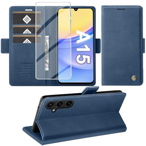 Giyer Handyhülle für Samsung Galaxy A15 Hülle mit Schutzfolie, Schutzhülle Galaxy A15 4G/5G PU Leder Wallet Flip Case Standfunktion Kartenfach Klapphülle für Samsung A15 Full Cover (Blau)