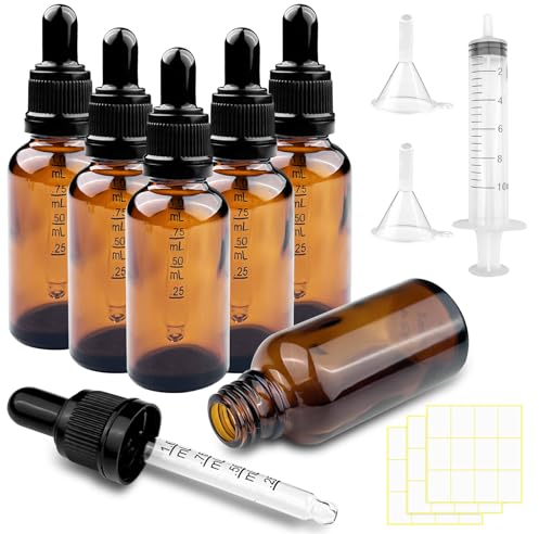 Brevanza 6 flacons pipettes 30ml, flacon verre ambré 4 accessoires, rechargeables, Huile Essentielle, Aromathérapie, Massage, Cosmétique, Voyage