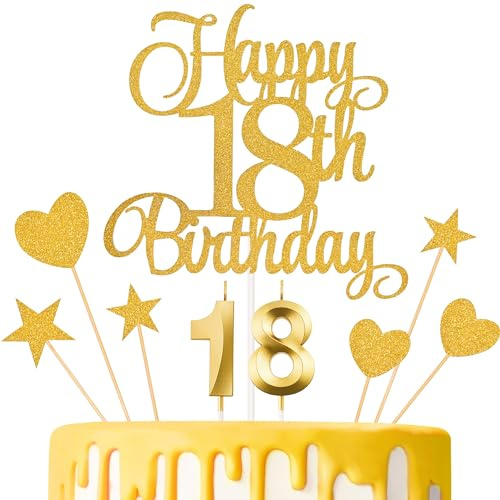 Lecferrarc 18th Birthday Cake Decorations, 18th Birthday Candles Cake Numeral Candles and Glitter Happy 18th Birthday Cake Toppers Set for Birthday Party Supplies (Gold)