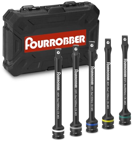 Fourrobber 1/2 Drive Torque Limiting Extension Bar Set, 5-Piece Lug Nut Torque Stick Set with Color-Coded 90-190NM Torque Sticks