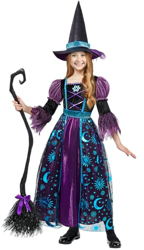 Spooktacular Creations Witch Costume for Girls, Halloween Dress with Broom Hat, Kids Moon Shimmer Costume Set for Wizard Role Play Themed Parties