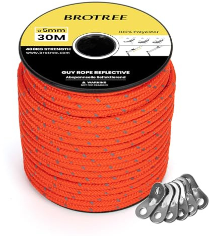 BROTREE Abspannseile Camping Zeltschnur 5mm 30m Zeltseil mit 6 Seilspanner | Reflektierend, Spule, Zelt, Camping, Sonnensegel, Vorzelt