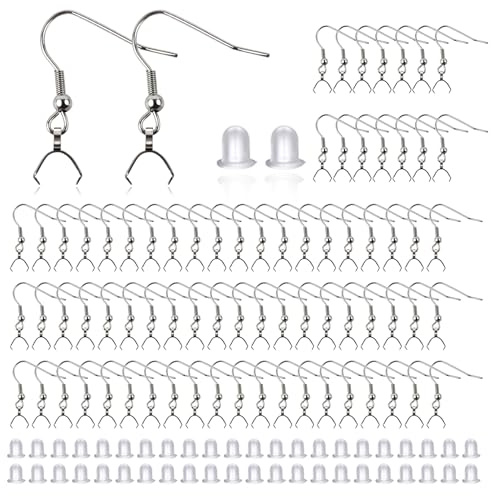 TOAOB 100 Piezas Ganchos para Pendientes Plata Acero Inoxidable con Colgante Conector y Tuercas Pendientes para Hacer Joyería Bisutería Fabricación de Joyas