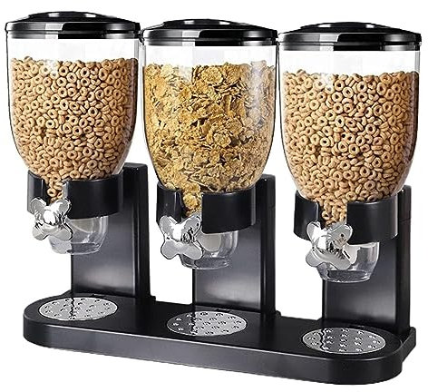 Thrink Triple Cereal Dispenser - Classic Dry Food Canister for Cornflakes, Candy, Nuts, Beans, Granola - Kitchen Storage Dispenser, Black - 3 x 2L Containers for Fresh and Moisture-Free Storage