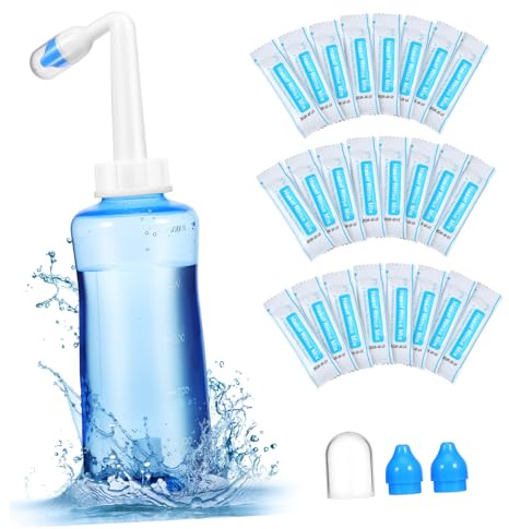 minkissy Botella de Riego Nasal y Flujo Suave de 500ml con Boquilla Angular de Plástico Limpiador de Enjuague Nasal con Sal Eficaz