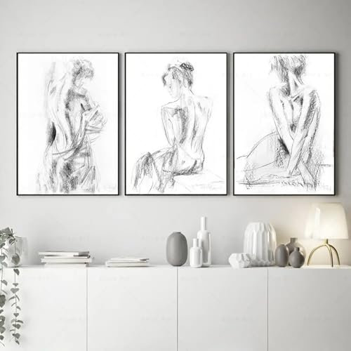 LMYCHENG Nackte Frau Skizze Strichzeichnung Nordische Poster und Drucke Leinwand Wandkunst Gemälde Bilder für Wohnzimmer Home Wanddekoration 50x75cmx3 Rahmenlos
