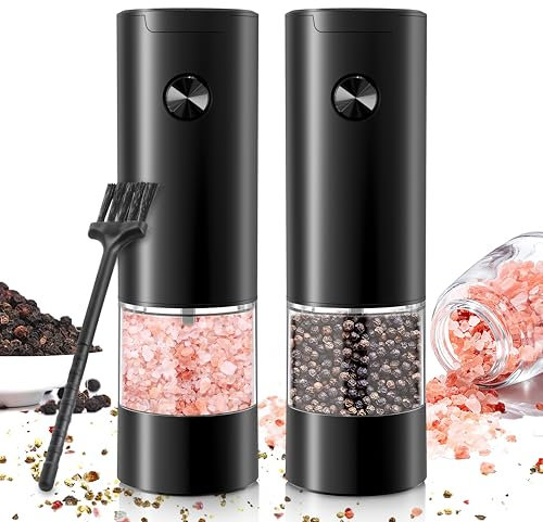 Salz und Pfeffer Mühle Elektrische set Gewürzmühle,Akkubetriebenes Waschbarem Transparenter Behälter 70ml Einstellbarer Grobheit, Schwarz(2 Stück)