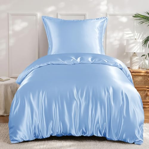 RUIKASI Satin Bettwäsche 135x200 Blau - Seidig Bettbezug mit Glanz wie Seiden Bettwäsche Set Hellblau für Haar und Haut, Glänzend Bettwäsche 135x200cm mit Reißverschluss und Kissenbezug 80x80cm