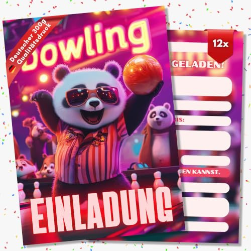 HIDEBLOOM Panda Bowling Einladungskarten Kindergeburtstag Junge - 12 Stück - DIN A6 (10,5 cm x 14,8 cm) - Einladung Bowling Kindergeburtstag - Einladungskarten Bowling Kinder - Panda