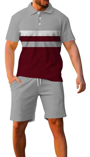 Trainingsanzug für Herren, kurzärmelig, lässig, kurzärmelig, elastisch, Sommer, mit Reißverschluss, Freizeitanzug, grau, XL
