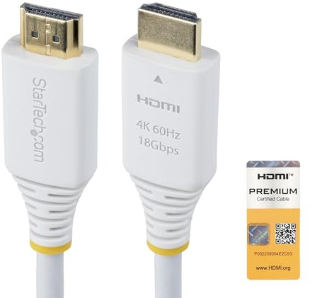 StarTech.com 10ft (3m) Premium Certified High Speed HDMI Cable, 4K 60Hz/1440p 144Hz, 18Gbps, UHD HDMI 2.0 Cord, TPE Jacket, White