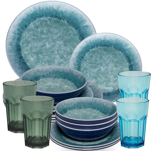 Service de table en mélamine Adria Blue pour 4 personnes – 16 pièces bleu – avec verres assortis de 400 ml en acrylique aspect faïence – Accessoires de camping, caravane, camping, festival