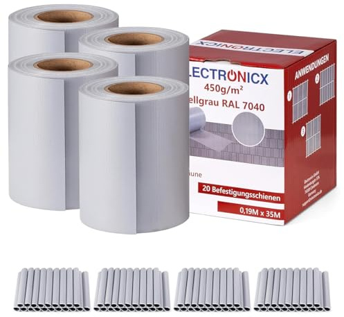 Electronicx PVC Sichtschutzstreifen für Gartenzaun - Hellgrau (RAL 7040), 140m (4 x 35m) x 19cm, Hochwertige 450g/m² UV-beständige Sichtschutzmatten, Außenbereich Sichtschutz mit 80 Clips