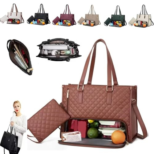 WEHAM 2-in-1-Tragetasche, Lunchtasche-Kombination, 3-in-1-Lunch-Tragetasche für Damen, 15,6-Zoll-Tragetasche mit Lunchfach, multifunktionale Business-Tragetasche für Büro, Arbeit, Reisen,Braun