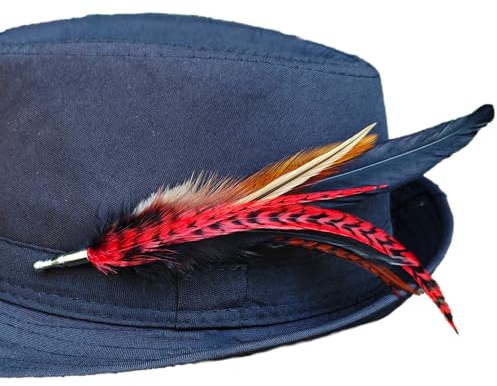 Handgefertigte Hutfeder zum Anstecken – Federbrosche für Hüte – Echter Feder Anstecker – Hutschmuck Accessoire – Boho Federn mit Anstecknadel, Rot 14-16 cm