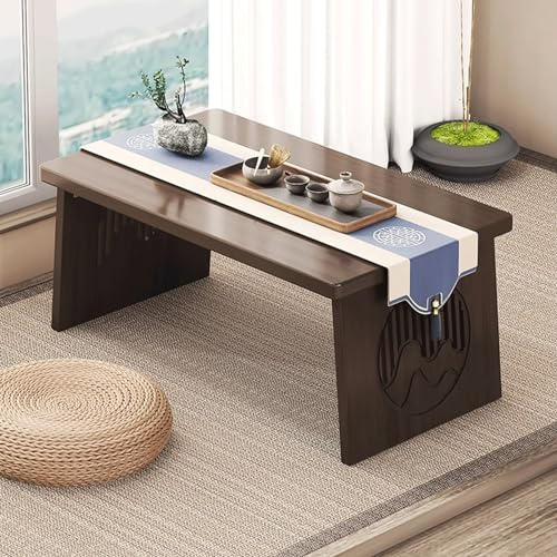 Mesa de centro plegable de color nogal, paisaje lateral tallado con rima antigua, no requiere montaje, mesa ancha para sala de té y balcón, elegante mesa baja