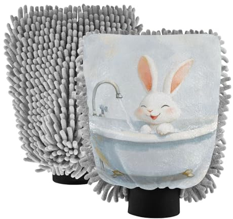 Manopla de lavado de coche con diseño de conejo blanco de dibujos animados, sin arañazos, guante de secado de coche