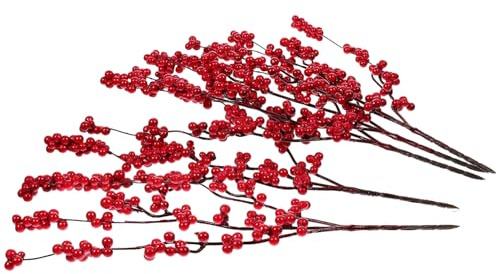 OUNONA 5 Pezzi Steli di Bacche Artificiali Rosse per Decorazioni Natalizie Finti Rami di Agrifoglio Realistici per Composizioni Floreali e Centrotavola Festivi