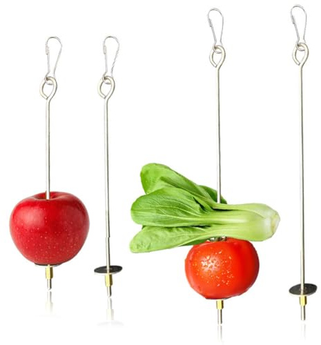 KEWUF 4 Pezzi Spiedino Portafrutta per Pappagalli, Mangiatoia per Pappagalli, Accessorio Appeso alla Gabbia per Foraggiamento del Cibo, Portafrutta per Uccelli, Giochi per Pappagalli, Acciaio Inox