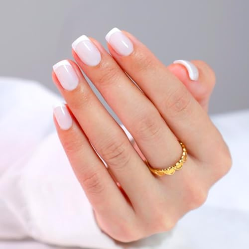 LAMIMOSA 32Pcs French Tip False Nails - Short Square Press on Nails kit with Glue, Soft Gel Fake Nails in 16 Sizes, Reusable Semi-Transparent Stick on Nails, MILKY FRENCHY