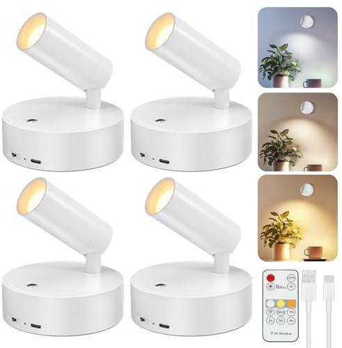 Kimjo Kabellose Spotlight LED Akku, Aufladbare Wandleuchte Weiß, 4 Stück | USB Aufladbar Wandstrahler Innen Dimmbar, 2600mAh, 350° Drehbare Wandlampe mit Fernbedienung Akku für Wohnzimmer Schlafzimmer