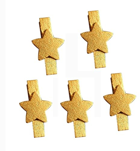 Lot de 50 mini pinces à linge en bois pour mur photo - Petites pinces colorées avec sapin de Noël - Étoile et cœur - Pour bricolage, photos, mariage, cadeau, artisanat, décoration - Doré B