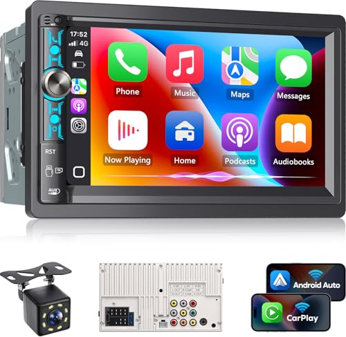 Kissound 7 Double Din Car Stereo with Wireless Apple CarPlay & Android Auto, Bluetooth, 240W Output, SWC, Dual Subwoofer Support, Mirror Link, FM/AM Radio Receiver, USB-C/AUX/TF Ports,Backup Camera
