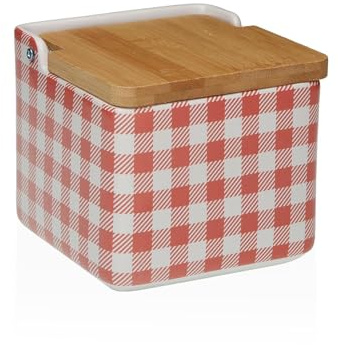 Salero original cerámica cuadrado con tapa madera12x12x12 cm (Rojo cuadros)