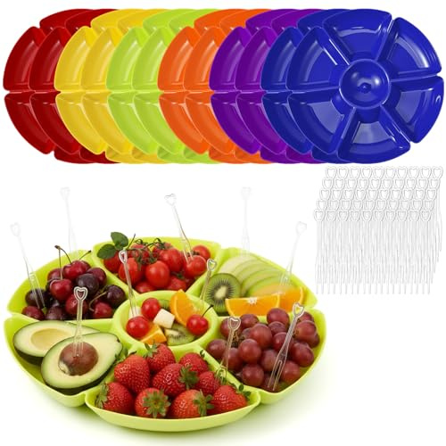 12 Pcs Plastic Divided Serving Trays with 100 Pcs Disposable Fork, 7 Compartments Round Chip Dip Plate, Petal Shape Platter, 10.63'' Snacks Serving Dish for Party Candy Nuts Fruits (Classic Color)