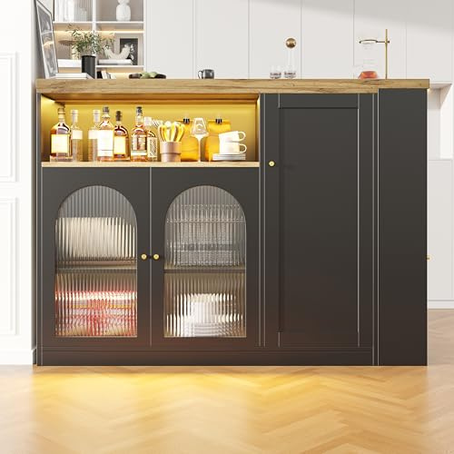 Raeln Table de Bar pivotante 360° avec éclairage LED et Verre cannelé Buffet Noir chêne Gain de Place Meuble de Rangement Buffet de Cuisine Cave à vin Coin café