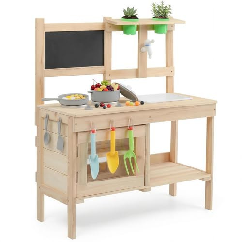 LALAHO Cucina Matsch per esterni, cucina giochi da giardino con lavello, rubinetto e vaso per fiori, cucina per bambini con fornello e lavagna, adatta per bambini a partire dai 3 anni, colore legno
