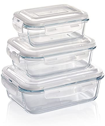 Grizzly Contenitore per Alimenti in Vetro – Set da 3 – Misure Differenti – Quadrato Adatti per Forno, Frigo e Congelatore – Ermetico, Anti Perdite – Lavabile in Lavastoviglie, senza BPA