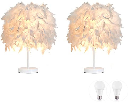 Paquete de 2 lámparas de mesa de plumas Lámpara de mesilla de noche Lámpara de mesilla de noche Base blanca con bombilla de 3 W para sala de estar, dormitorio, decoración del hogar, S