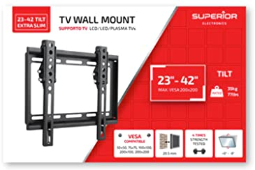 Superior Electronics SUPSTV008 - Supporto TV da Parete Fisso Tilt Extra Slim per TV da 23 a 42 - Compatibile VESA 50x50, 75x75, 100x100, 200x100, 200x200 - Carico Massimo 35kg - Nero