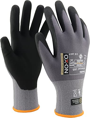 OX-ON Flexible Advanced 1905 Grey Work Gloves, Extremely Durable Safety Gloves, Secure & Precise Grip, Protective & Comfortable Nitrile Gloves, Phone Touch,Breathable Mechanic Gloves-6pairs,Size 10/XL