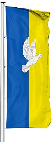 Vispronet Ukraine Flagge mit Friedenstaube, Fahne/Flagge im Hochformat, glänzendes Polyestergewirke, hissfertig (150 x 400 cm)