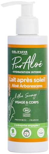 Ciel d'Azur Labs - Lait Après-Soleil Pur’Aloé - 50% Aloé Arborescens Natif - Corps - Hydratation Intense - Certifié Bio Cosmos Organic - 98% d'Origine Naturelle - Flacon 200 ml