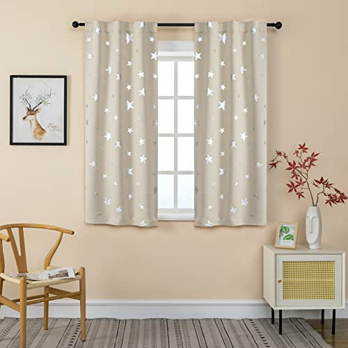 GIRASOLE HOME® Coppia Tende Oscuranti Morbide Fantasia Stelle Argentate Tenda Morbida per Interni con Tasca e Passanti Nascosti 2 Pannelli (Beige, 70x145cm)