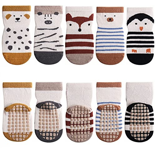 FedMois Calcetines Antideslizantes de Algodón para Bebé Niño Niña Pack de 5, Pingüino, 0-1 año