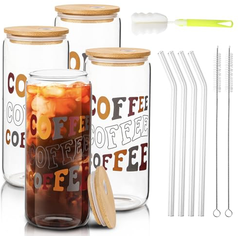 Aikio 590ml Glas mit Deckel und Strohhalm,4 Stück Eiskaffee Gläser, Aesthetic Cocktailgläser Whiskeygläser Trinkglas in Dosenform Bubble Tea Becherr für Coffee, Bier, Cocktail Boba Geschenke