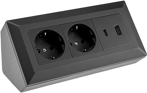 Eck-Steckdose Aufbaumontage Schuko, für Küche, Büro, Werkstatt. Steckdosenleiste ideal für Küchen-Arbeitsplatte, Aufbausteckdose oder Unterbausteckdose - ohne Kabel (2 schuko, USB A + C, schwarz)