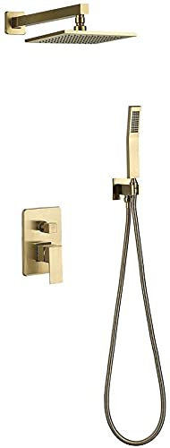 Bathroom Shower Fitting Flush-Mounted, Brushed Gold Brass Shower Kit Rianfall Shower Head Shower Tap Wall Mounted Shower Arm Shower System with Shower Head and Shower Hose Set, 10 Inch (Size : 8 inch