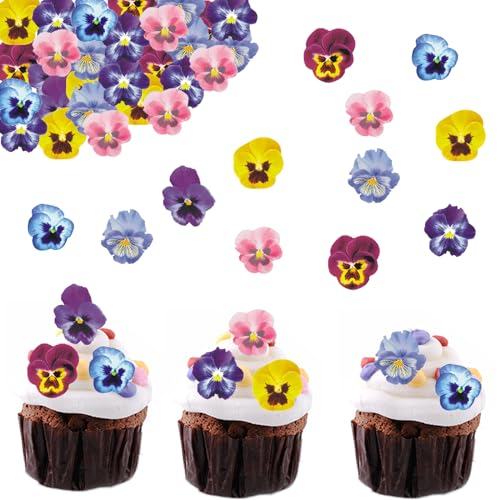 ENLACE 60 Stück Essbare Tortendeko Blumen Deko Torte,Stiefmütterchen Blumen Cupcake Topper,Essbar Blüten Kuchen Deko,Muffin Deko Essbar,Tortendeko Essbar,Essbare Blumen für Torte Geburtstag Hochzeit