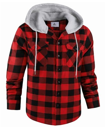 GEEK LIGHTING Men's Plaid Shirt Checked Shirts Mens Flannel Shirt Button Down Long Sleeve with Drawstring Casual Double Chest Pockets Classic Shirt Jacket XL Red