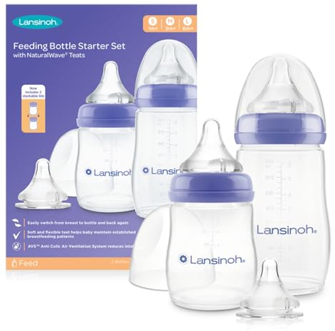 Lansinoh Baby Bottle Starter Set with Anti Colic Teat - 2 Feeding Bottles (160 ml & 240 ml) + 3 Naturalwave Silicone teats (Slow, Medium & Fast Flow) BPA & BPS-Free Reduces Nipple Confusion