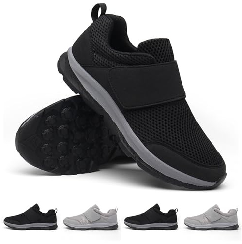 GYCF Chaussures pour Diabétiques Homme,Respirant Réglables Chaussant de Rééducation Orthopédique Anti-dérapante Large Chaussures De Marche Edema Swollen Aîné,Noir,42EU