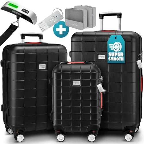 Monzana® Set Maletas Viaje Rigidas 3 Piezas ABS TSA Bascula Organizador Equipaje Trolley Maleta M-L-XL Negro