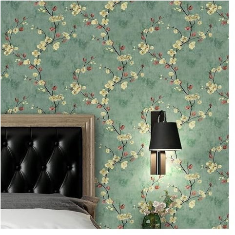 Papier peint autocollant motif Le fond vert, Couleur or fleur, Rouge feuille, Papiers peints, auto-adhésif, vinyle, revêtement mural, imperméable, film adhésif pour meubles, mur(44x300 cm 17x118 in)