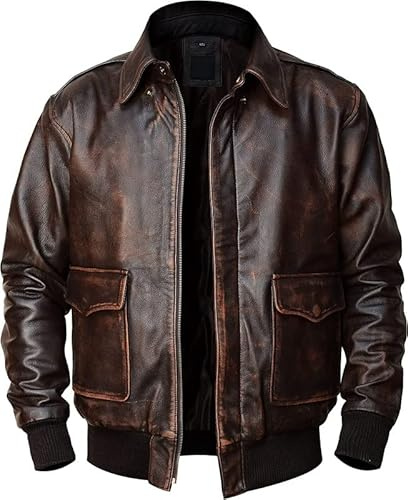 SpazeUp Men’s A2 Brown Leather Jacket | Vintage USA Navy Aviator Pilot Jacket for Men | Genuine Leather Bomber Jackets Men XX-Large